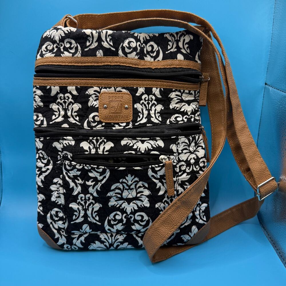 Stone Mountain Crossbody Bag Black White Floral Tan Multi Pocket Organizer